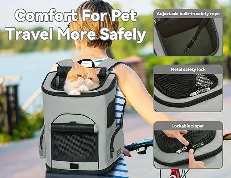 PETSFIT Cat Carrier Backpack with Upgraded Waist Protection, Pet Carrier Backpack Designed for Small Dogs/Cats, Fully Ventilated Collapsible Dog Backpack for Outdoor Traveling Hiking Camping,Grey