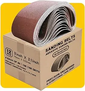 Ur-Excellent Sanding Belt Pack 3-Inch x 21-Inch,12 Pcs(4 Each of 80 120 150 Grits) Aluminum Oxide for Sander (3 x 21 in)