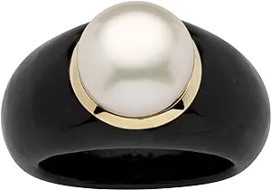 PalmBeach Jewelry 10K Yellow Gold Round Genuine Cultured Freshwater Pearl Genuine Black Jade Ring Sizes 6-10