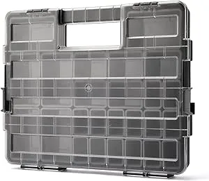 MIXPOWER 16.5-Inch Portable Storage Organizer with Double Secure Locks and 25 Removable Bin Compartments, Multi-Purpose Hardware ToolBox Storage, Black/Clear, 16.7'' (L) x 13.5''(W) x 2.2''(H)