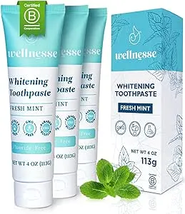 Wellnesse Whitening Toothpaste - Teeth Whitening Fluoride Free Natural Toothpaste - Fresh Mint - 3 Tubes, 4 oz - Made with Hydroxyapatite Powder, Gree