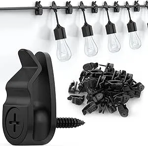 Lewufe Outdoor String Lights Clips, Weatherproof Cable Hanger Hooks for Hanging Fairy Lights, Holiday Decor - Black, 50 Pack