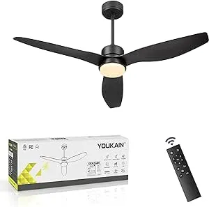 YOUKAIN 52 Inch Indoor/Outdoor Modern Ceiling Fan with Lights and Remote Control, Reversible Blades, for Living room, Bedroom, Bathroom, Matte Black, 52-YJ359-BK