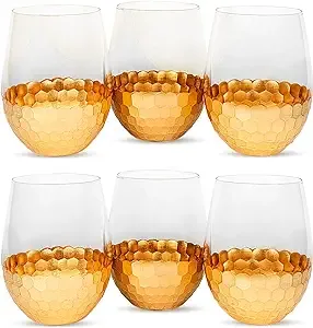 American Atelier Daphne Stemless Goblet | Set of 6 | Made of Glass | Gold Honeycomb Pattern | 18-Ounce Capacity | Smooth Rim Red Wine Glasses | White Wine Tumblers