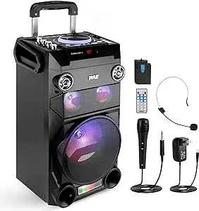 Pyle Portable Wireless Bluetooth Karaoke PA Loud Speaker - 8'' Subwoofer Sound System with DJ Lights, Rechargeable Battery, FM Radio, USB/Micro SD Reader, Microphone, Remote, Black