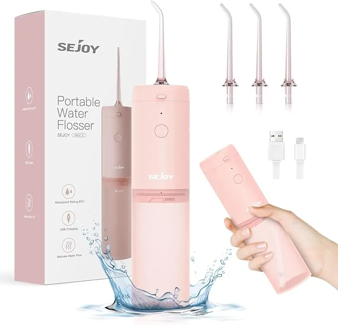 Water Flosser Dental Oral Irrigator Teeth Cleaner Portable Travel Rechargeable Cordless,IPX7 Electric Plaque Remover 3 Modes 3 Jet Tips 140ml (Pink)