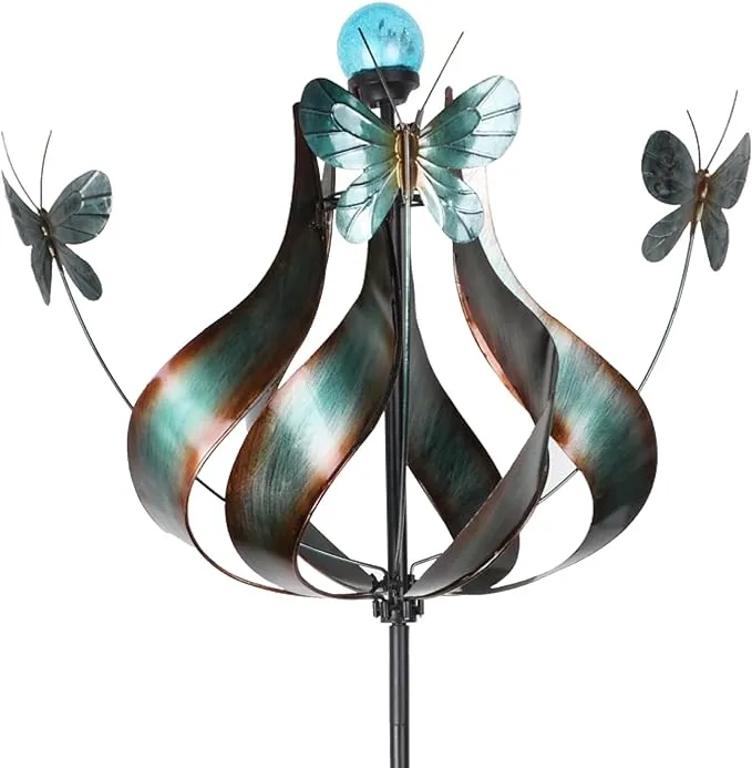 Teamson Home Solar Powered Tulip Butterfly Kinetic Metal Windmill Wind Spinner with LED Light for Outdoor Patio Garden Backyard Decking Décor, 73 inch Height, Teal