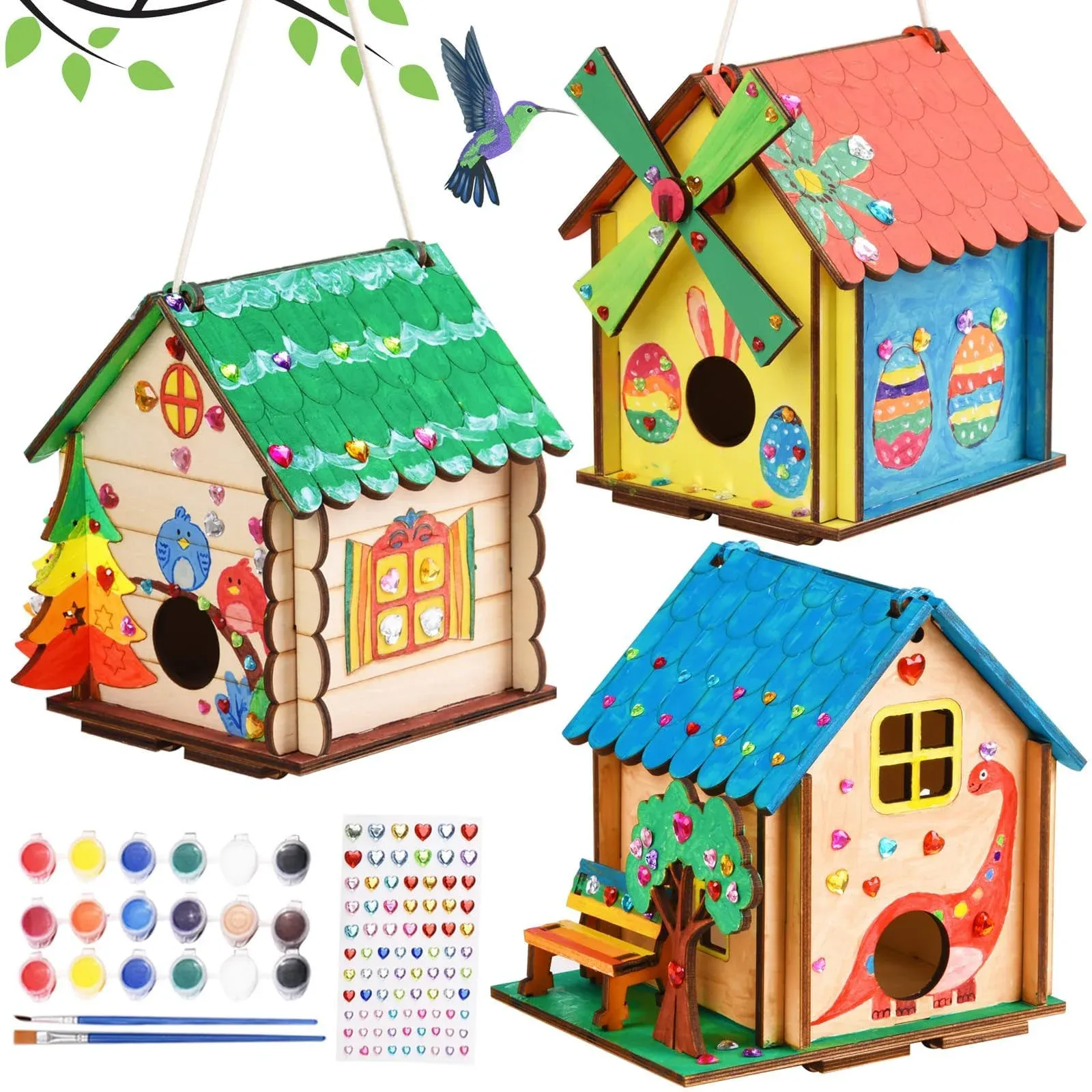 3 Pack Bird House Crafts for Kids Ages 8-12 5-8, DIY Wooden Arts and Crafts Kit for Children to Build, Make Your Own Birdhouse, Summer Painting