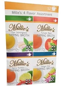 MILLIE'S SIPPING BROTH Steepable Vegetable Broth with Savory Seasonings for Snack Urges | Vegan, Keto, Gluten Free, Intermittent Fasting, and natural | (4 Pack Assortment - 12 Broth Bags Total)