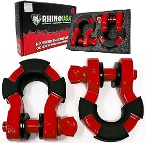 Rhino USA Super D Ring Shackles (2-Pack) - 70,548lb Break Strength – Heavy Duty 3/4" Clevis Shackle with 7/8 Pin for Towing & Off-Road Use - Pairs with Tow Strap for Vehicle Recovery (Red)