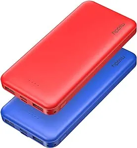 Miady 2-Pack 10000mAh Dual USB Portable Charger, USB-C Fast Charging Power Bank, Slim Backup Charger Battery Pack Compatible with iPhone 16/15/14/13 Galaxy S24/22 Google iPad Android etc (Red+Blue)