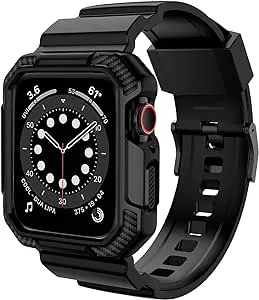 OROBAY Compatible with Apple Watch Band 45mm/44mm/42mm-Series 3/2/1 with Case, Shockproof Rugged Band Strap for iWatch SE2 SE Series 9/8/7/6/5/4/3/2/1 with Bumper Case Cover Men Women, Matte Black