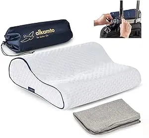 alkamto Travel & Camping Comfortable Memory Foam Pillow – Easy to Carry Portable Bag – Temperature Regulating Pillow Case