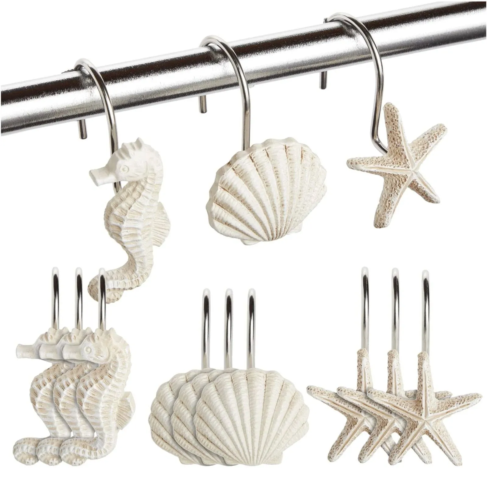 12 Pack Beach Shower Curtain Hooks, with Seahorses, Starfish, and Seashells