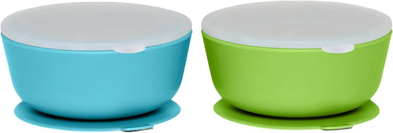 WeeSprout Suction Bowls for Baby & Toddlers (Set of 2) - 100% Silicone w/Plastic Lid - Leak Proof Feeding Supplies - Dishwasher & Microwave Safe Infant Dinnerware w/Extra Strong Base