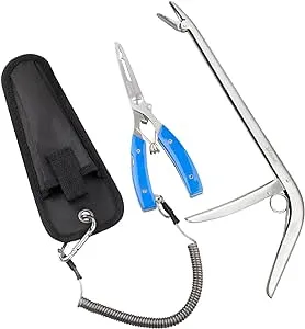 Fishing Pliers + Fish Hook Remover, Line Cutter Curved Nose Remove Hook Fishing Tackle Tool with Nylon Sheath Fishing Plyers Fishing Gear Set (Blue)