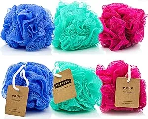 IMPRESA 6-Pack Eco-Friendly Loofah/Loofa/Mesh Bath and Shower Sponge - Loufa/Luffa/Lufa/Poof/Pouf - Loofahs/Loofas for Men and Women - Bulk Body Puffs