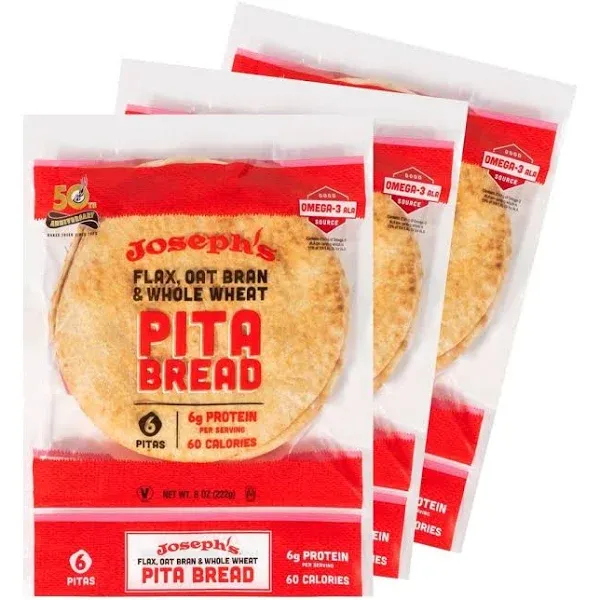 Joseph's Pita Bread Value 3-Pack, Flax Oat Bran and Whole Wheat, 7g Carbs per Serving (6 per Pack, 18 Pitas Total)