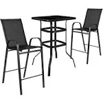 Flash Furniture Brazos Bar Table Set - 3 Piece Glass Brazos Bar Table with 2 Black Patio Bar Stools - Brazos Outdoor Chairs