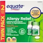 Equate 24 Hour Allergy, Cetirizine hydrochloride Tablets, 10 mg, 90 Count, 2 Pack, Size: 23 oz