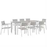 Modway Maine Aluminum 9-Piece Outdoor Patio Dining Set with 80" Dining Table and Eight Dining Armchairs in Brown Gray