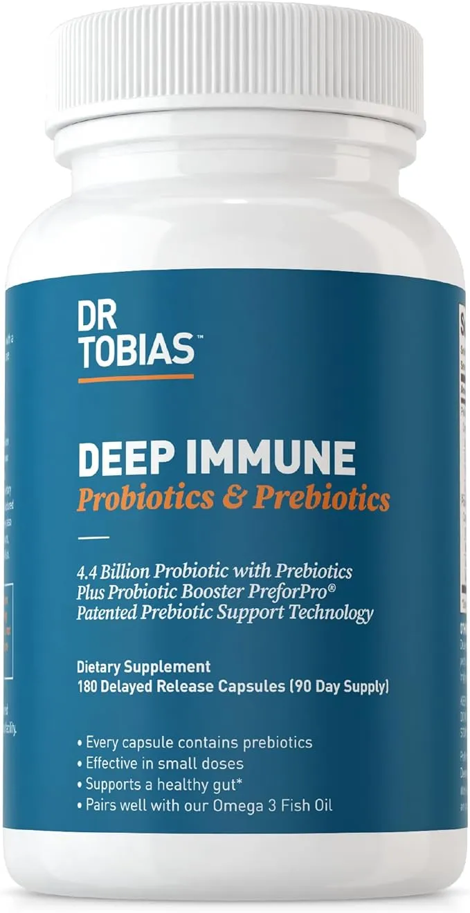 Dr. Tobias Deep Immune Probiotics & Prebiotics, 4.4 Billion CFU Probiotics for Women & Men, Supports Digestive Health, Gut Immune Function, Nutrient Absorption, 120 Capsules, 60 Servings