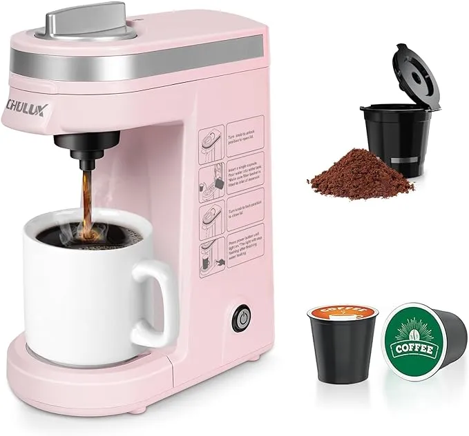 CHULUX Single Serve Coffee Maker with A Reusable Filter, Single Cup Coffee Maker for K pod, Ground and Tea Leaf, Pink