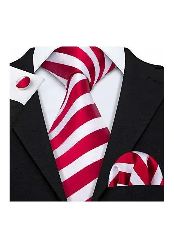 Barry.Wang Stripe Men Ties Set Classic Woven Necktie with Handkerchief Cufflinks Formal Red and White, One Size