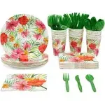 Hawaiian Luau Dinnerware Set, Tropical Party Supplies (Serves 24, 144 Pieces)