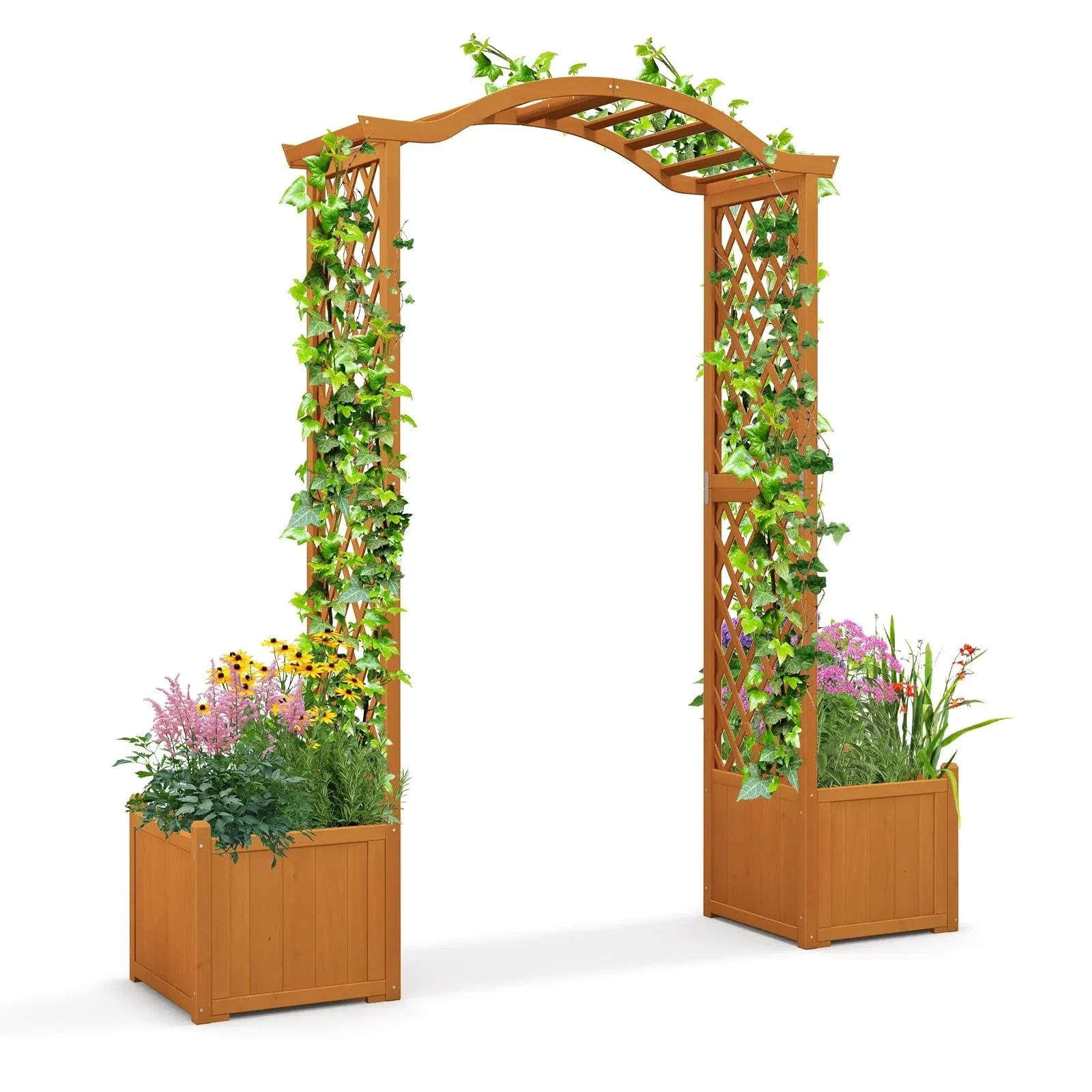 Giantex Garden Arbor with Planter, Wooden Planter Arch with Trellis, Outdoor Arch for Climbing Plants, Vegetables, Herbs, Decorations, Arbor Archway for Wedding, Ceremony, Party (Orange)