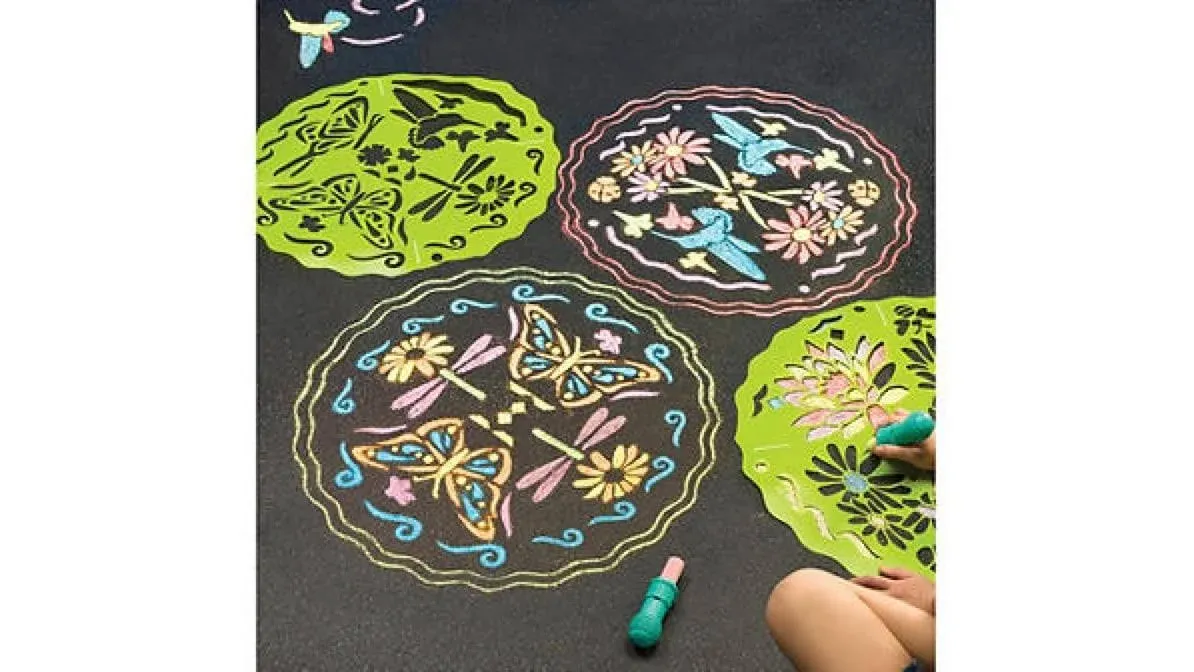 HearthSong ChalkScapes Mandalas 34-Piece Sidewalk Stencils Chalk Art Kit for Kids, Butterfly