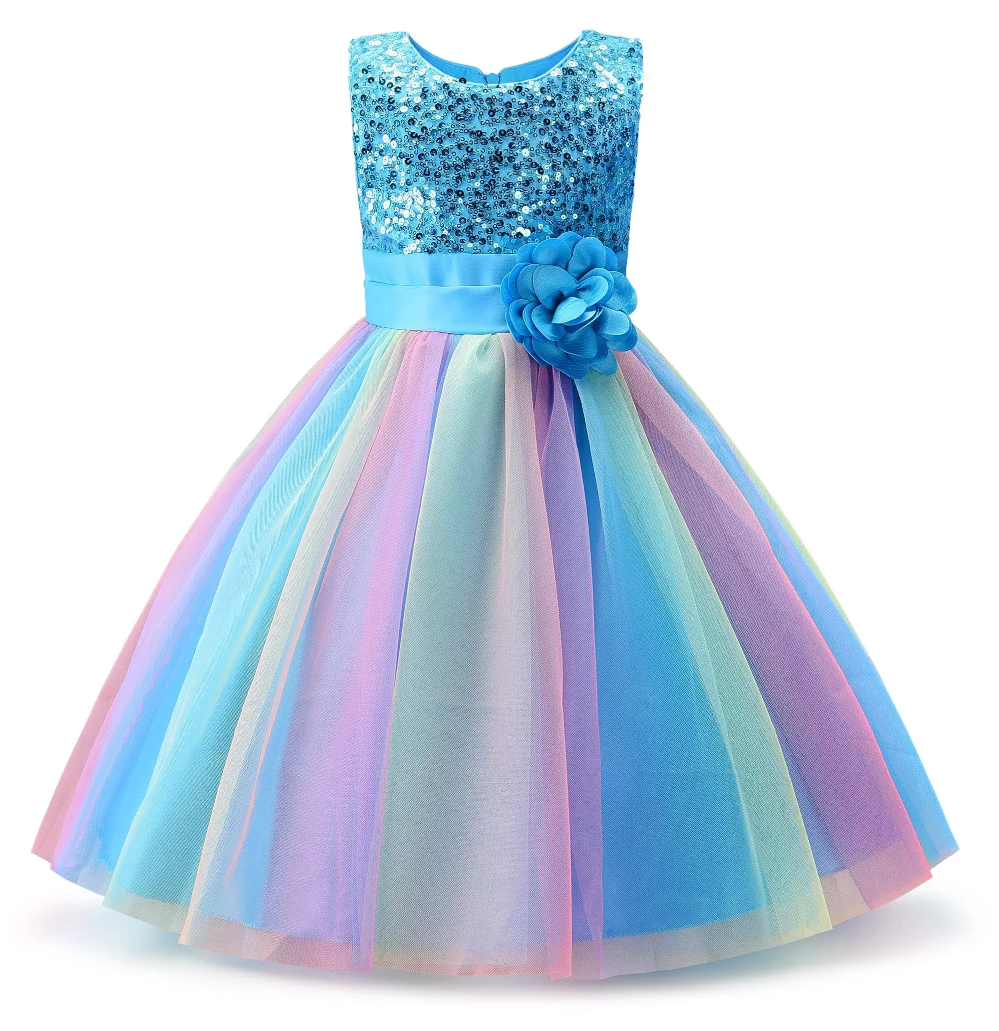 Uhnice Little Girl's Sequin Sleeveless Mesh Rainbow Dress For Wedding