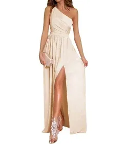 Womens One Shoulder High Split Sleeveless Ruched Cocktail Sexy Maxi Long