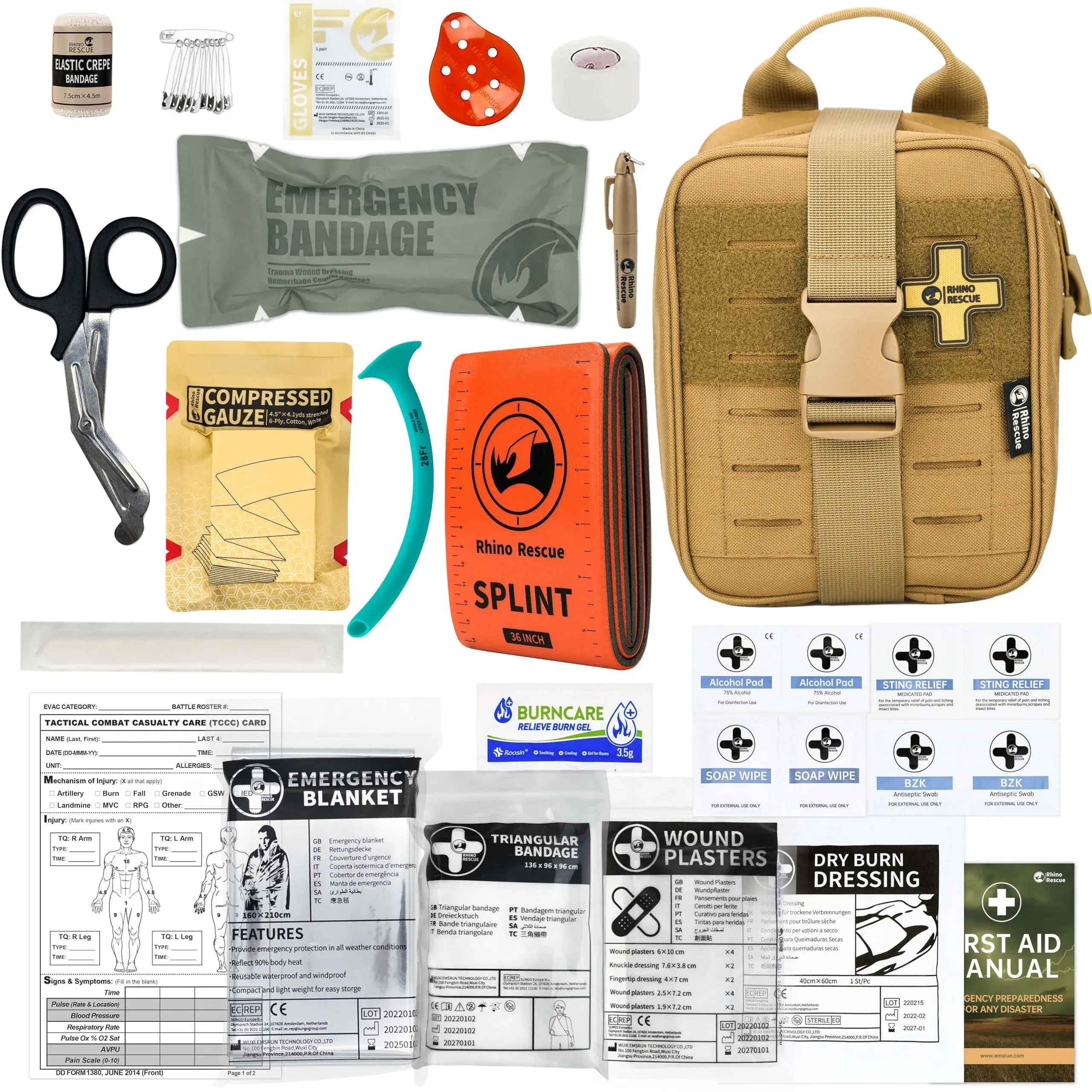 RHINO RESCUE IFAK Trauma First Aid Kit Molle Medical Pouch for Car Home Travel Hiking (Coyote)