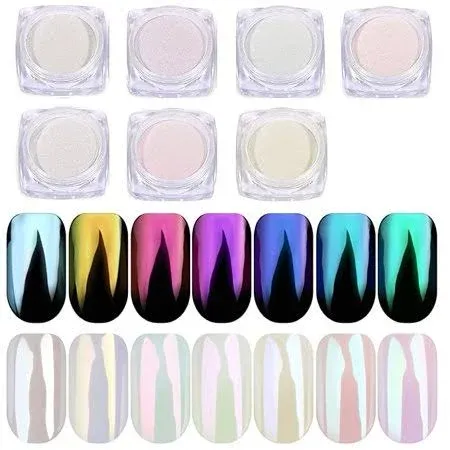 PrettyDiva Chrome Nail Powder - 7 Colors White Pearl Chrome Nail Powder Set, Metallic Nail Powder Mirror Effect White Chrome Powder Iridescent Nails Powder Manicure Pigment