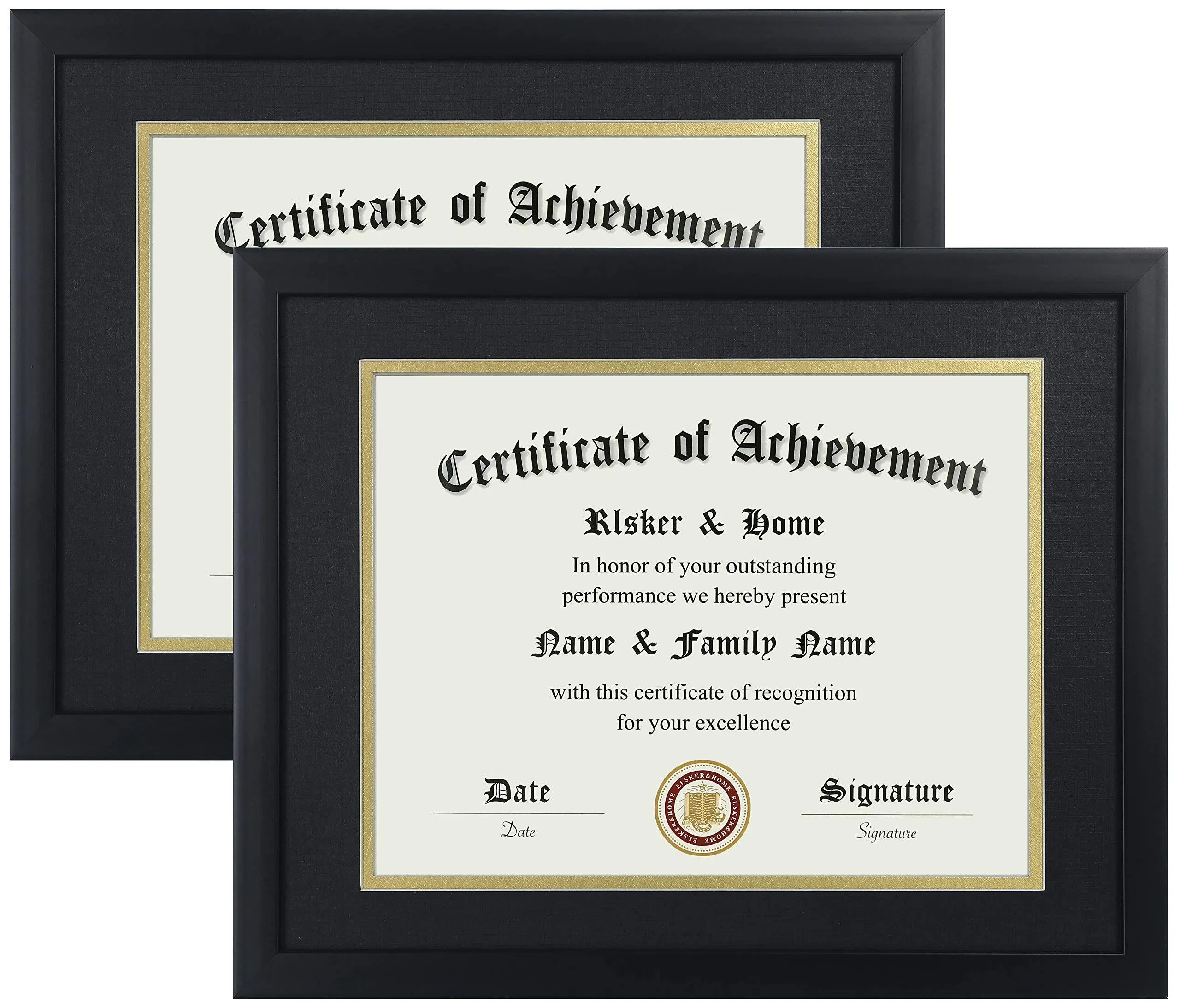 ELSKER&HOME 8.5x11 Certificate Frame - Classic Black Color Frame - Displays Diploma 8.5x11 Inch with Mat - 11x14 Inch Without Mat - For Document/Photo(Double Mat - Matte Black with Gold Rim)