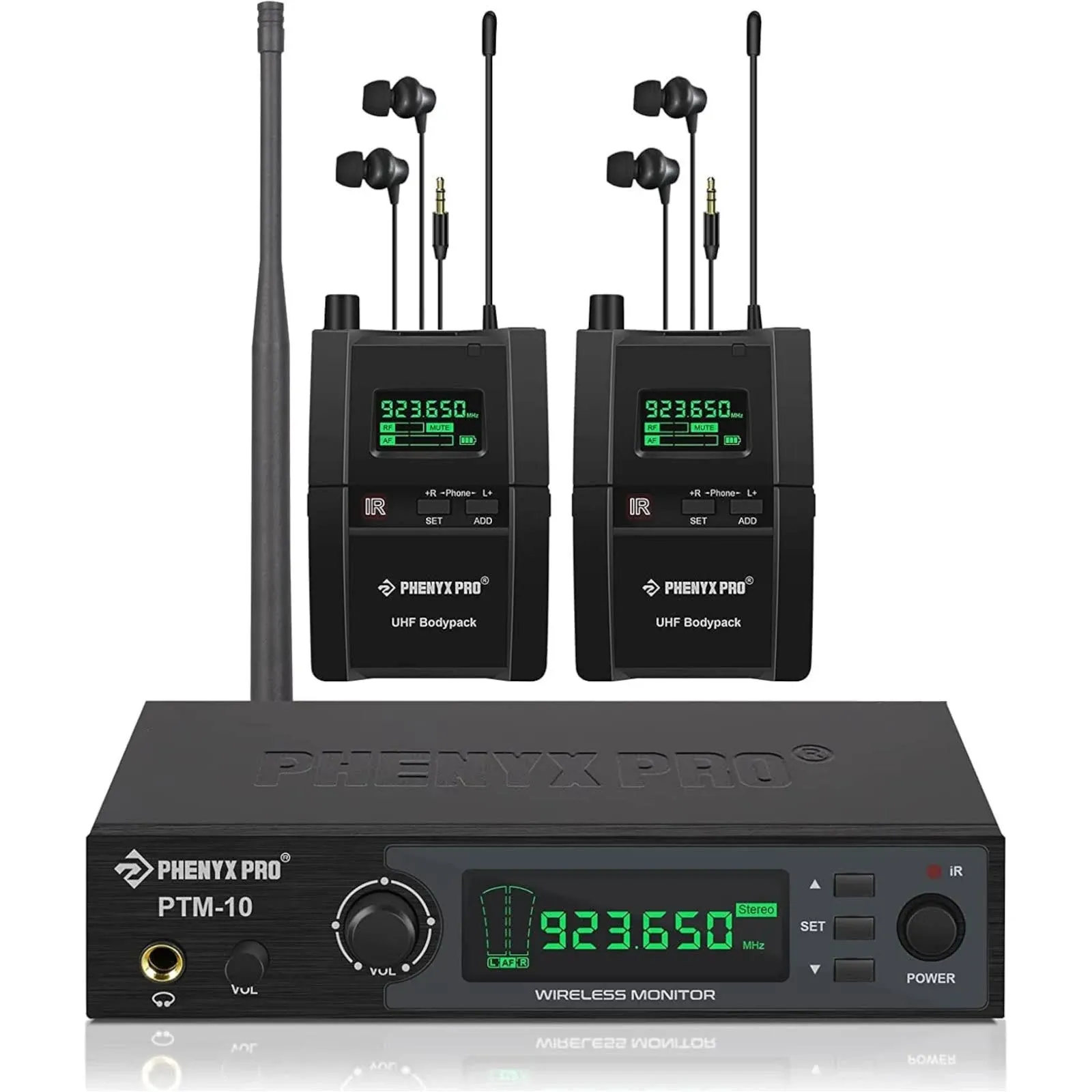 Phenyx Pro UHF Stereo Wireless in Ear Monitor System, Wireless IEM, 900MHz Band Selectable Frequency, Rack Mountable, 160 ft. Operation, Ideal for Stage, Studio, Exhibit, Lecture, Speech (PTM-10)