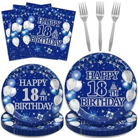 96pcs 18th Birthday Party Tableware Set 18th Birthday Party Supplies 18th Birthday Plates and Napkins 18th Birthday Party Decorations for Blue Silver