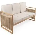 Jonathan Y Gable 3-Seat Mid-Century Modern Roped Acacia Wood Outdoor Sofa with Cushions