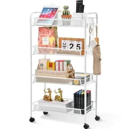 TOOLF 4-Tier Rolling Cart, Metal Utility Cart with 3 Hooks, Easy Assemble Mobile Storage Trolley On Wheels, Metal Shelving Units Kitchen Bathroom Laundry Room