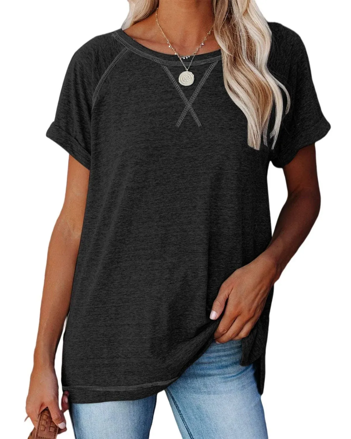 ayreus Women's Casual Short Sleeve T Shirts Crewneck Raglan Tees Side Split Summer Tunic Tops