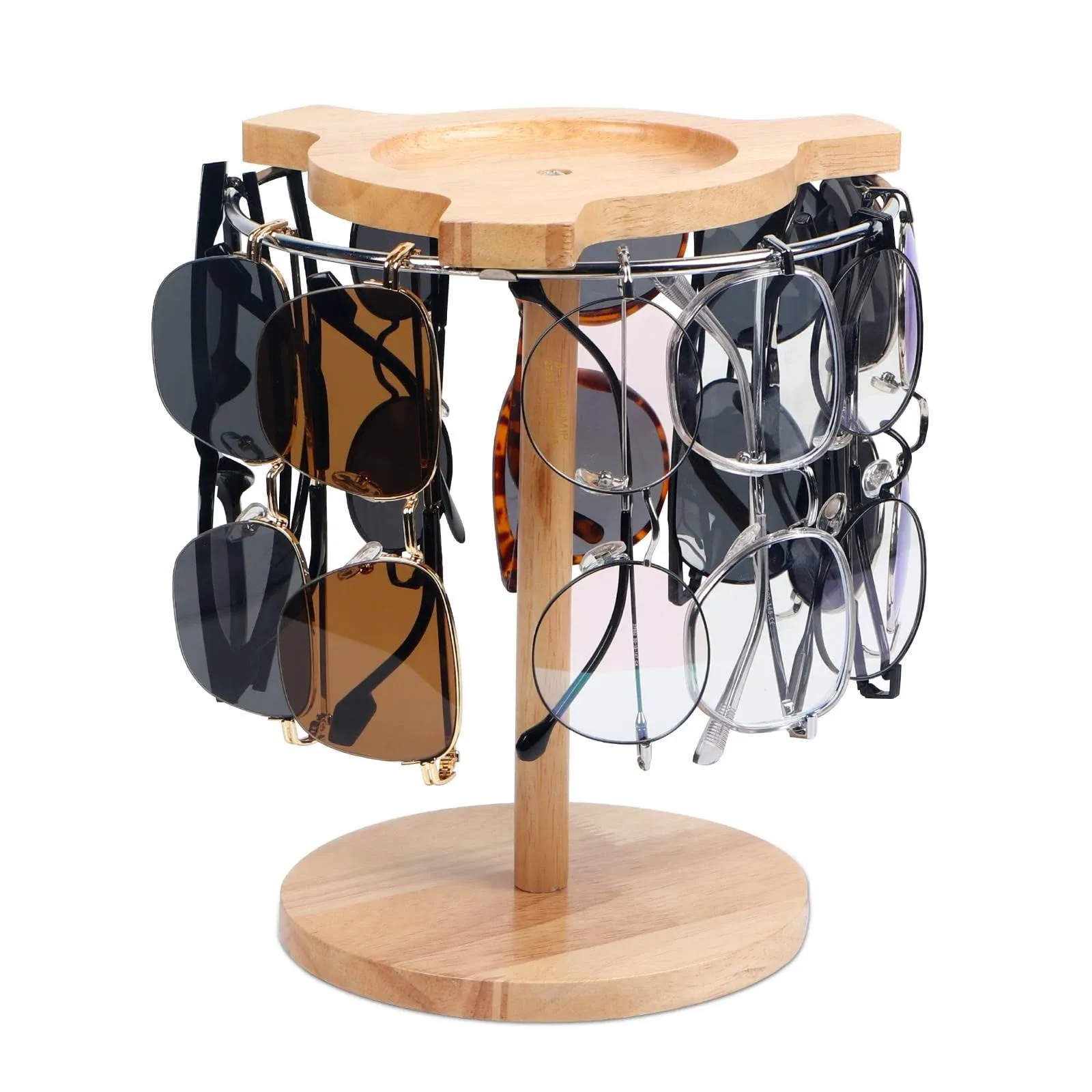 Sunglasses Organizer Glasses Holder Stand with 360 Rotating Display Eyeglasses Rack Wood Base for up to 12 Pairs of Eyewear for Table Dresser Desk