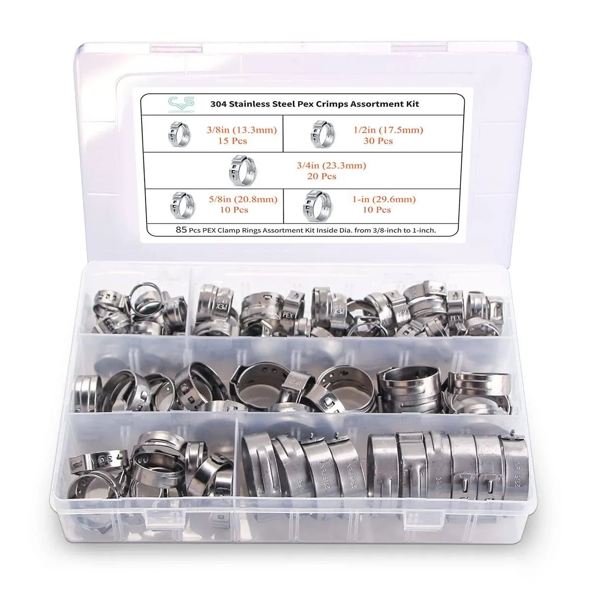 CVS PEX Clamp Assortment Kit, 85 Pieces Stainless Steel PEX Fittings Crimp Ri...