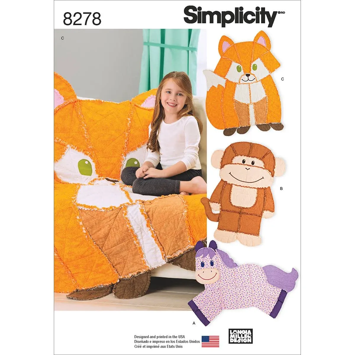 Simplicity 8278 Rag Quilt Fox Wolf Monkey Horse Pony Unicorn Blanket Pattern