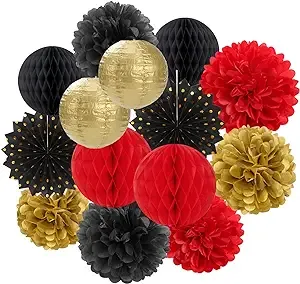 Red-Black Gold Party Decorations Streamers Lanterns - 14pcs Casino-Theme Graduation 2025 Paper Fan,Game Night Wedding Birthday Baby Bridal Shower Tissue Pom Poms,Honeycomb Balls Decor Ouruola