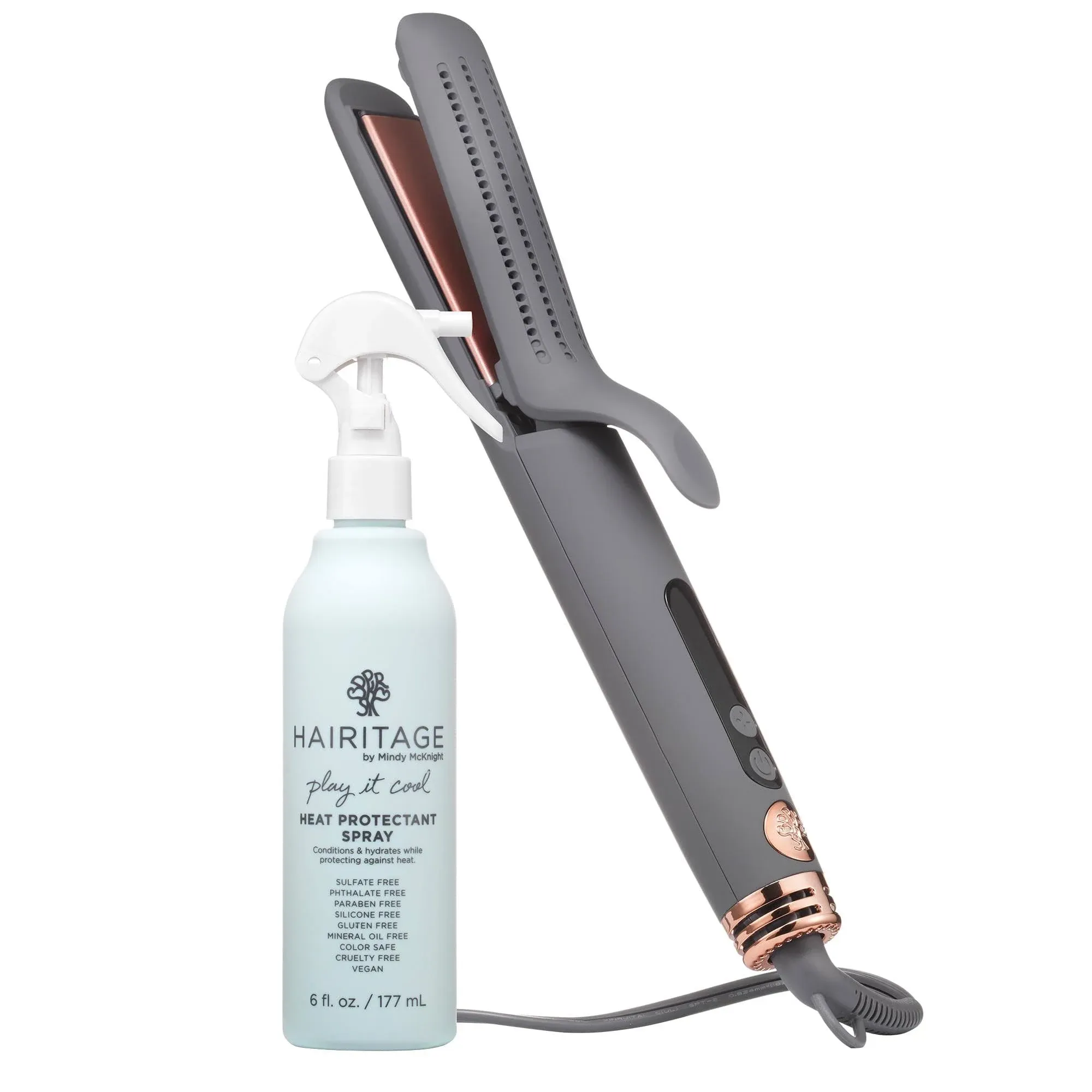 Hairitage Go with The Flow Ceramic Tourmaline Flat Iron and Curler 2 in 1 + Heat Protectant Spray for Hair - 1.25 Inch Automatic Airflow Styler - Curved Edges for Curling and Straightening