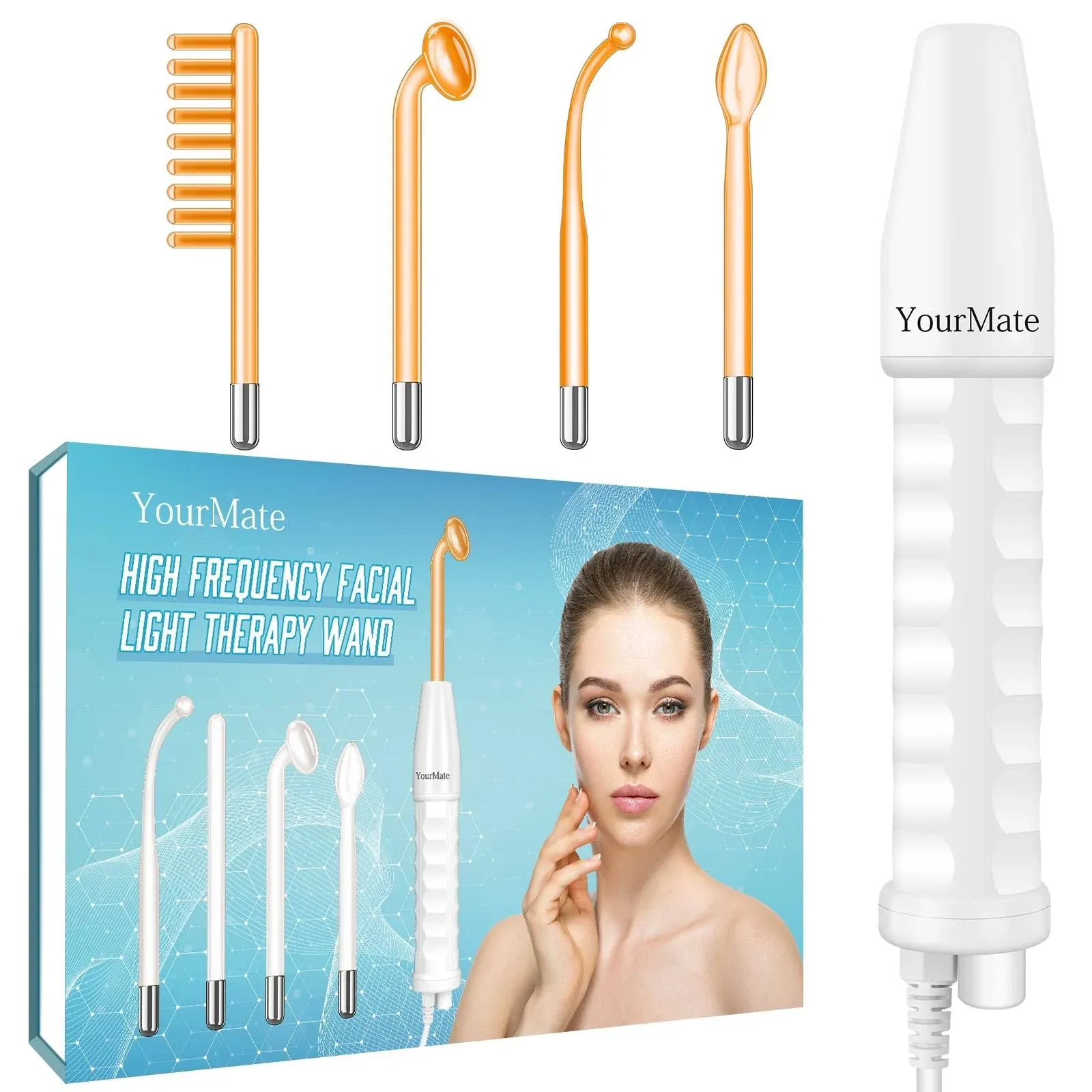 YourMate Handheld Phototherapy Device High Frequency Wand/Machine with Neon Tubes for Face Chin Neck Hair, Facial Skin Wand Machine with 4 Different Tube