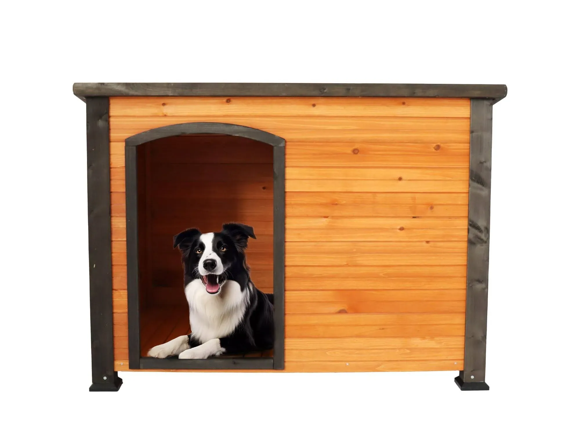 45" Dog House Outdoor and Indoor Wooden Kennel, Winter Strap with Elevated feet, Large Dog Weatherproof (Gold red and Black)