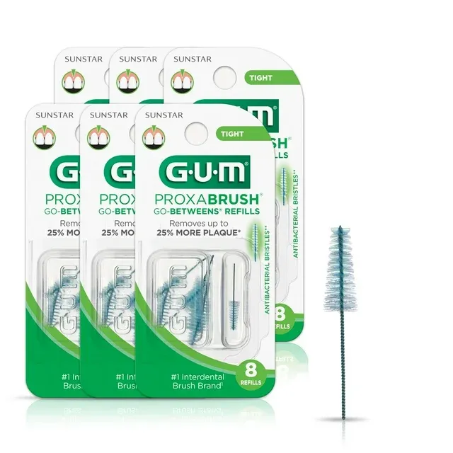 GUM Proxabrush Go-Betweens Refills - Tight - Compatible with GUM Permanent Handle -Reusable Interdental Brushes - Soft Bristled Dental Picks, 8ct(6pk)