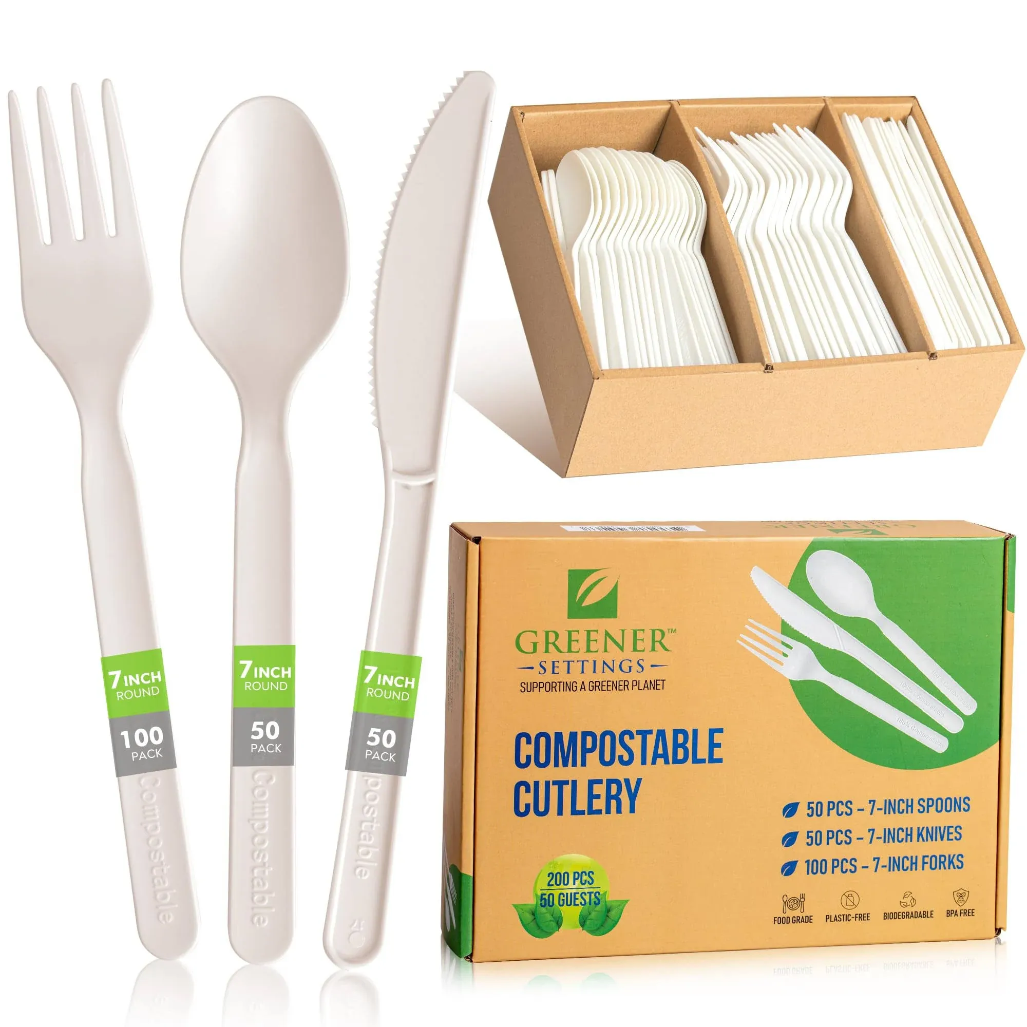 100% Compostable/Forks Spoons Knives Cutlery Combo Set - 200 Large Disposable Utensils 7" Durable Heat Resistant Alternative to Plastic Silverware with Convenient Tray - Greener Settings (50 Sets)